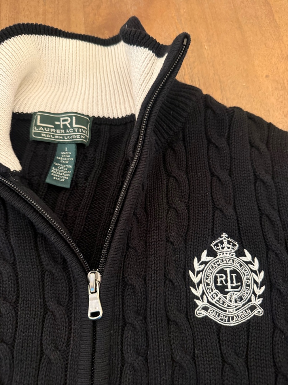 Ralph Lauren Black Cable-Knit Full Zip Sweater with Cream Trim
